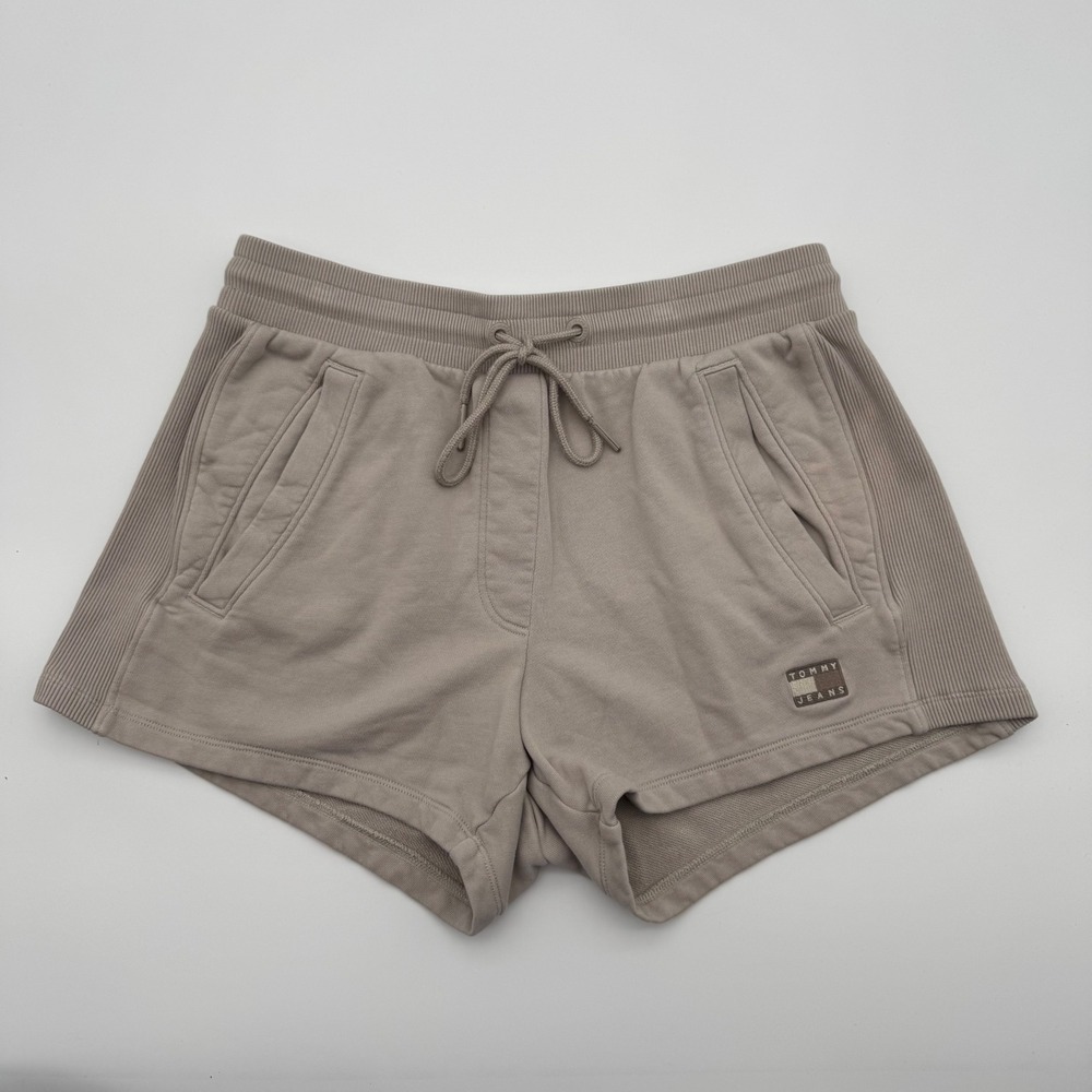 Tommy Jeans Women Taupe Ribbed Panel Drawstring Sweat Shorts‎ Size Small
